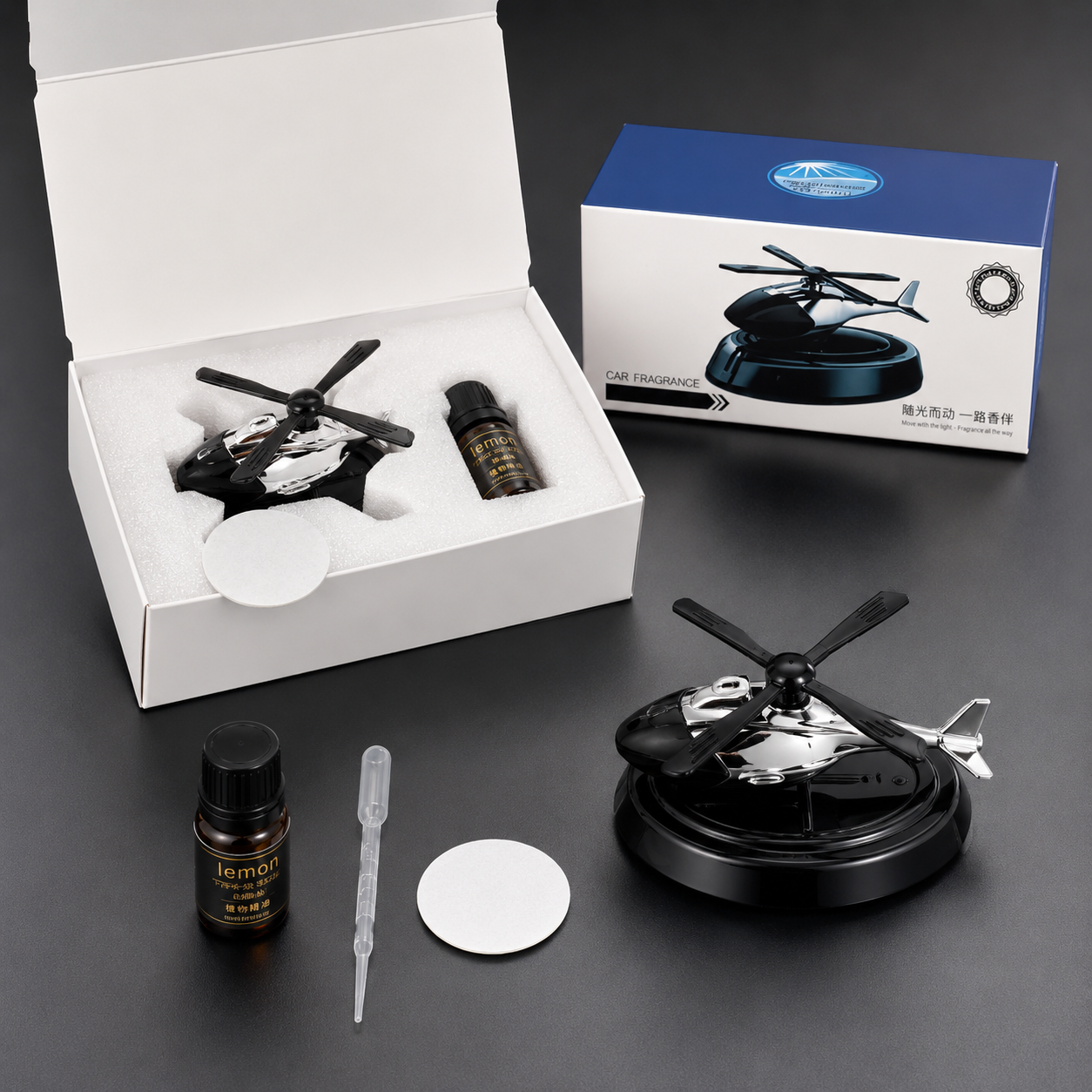 Solar Helicopter Car Air Freshener | Rotating Aroma Diffuser & Premium Car Perfume