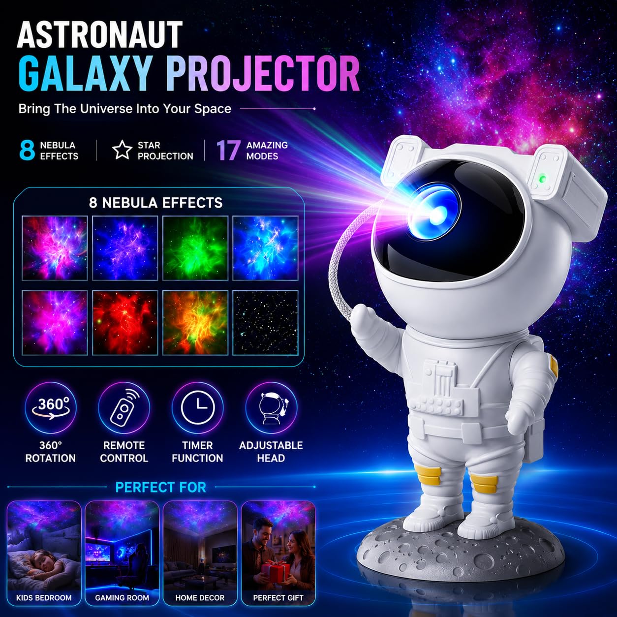 Astronaut Galaxy Star Projector Night Light | 360° Adjustable Nebula & Star Projector with Remote Control